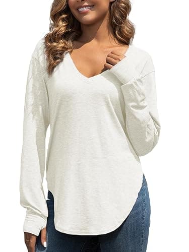 MERRIMISS Womens Deep V Neck Long Sleeve Tops Loose Fit Oversized T Shirt Side Slit High Low Tunic Tops with Thumb Hole thumbnail 3