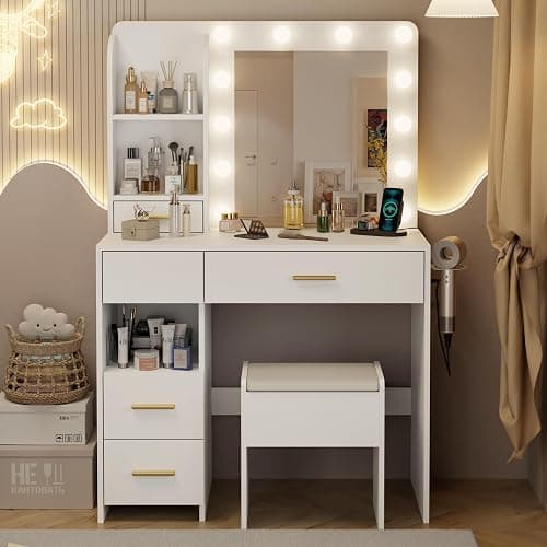 Otterease Vanity Desk with LED Lighted Mirror&Power Outlet, 3 Lighting Colors Makeup Vanity Desk with 5 Large Drawers and 3 Storage Shelves, White Vanity with Storage Stool for Bedroom thumbnail 8