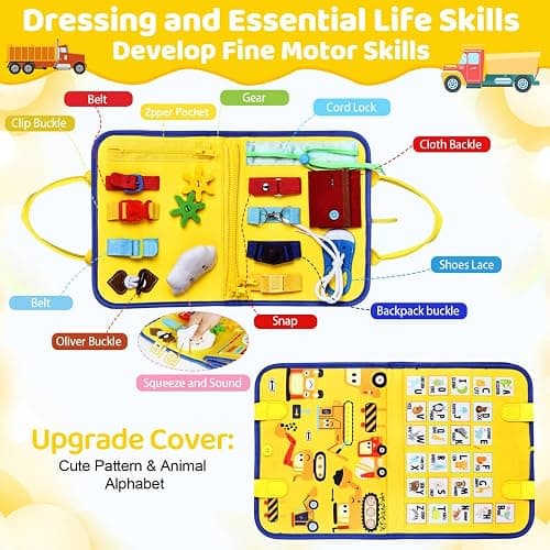 Esjay Toddler Busy Board Montessori Toys for Boys Girls, Sensory Board Educational Activities for Learning Fine Motor Skills, Birthday Gifts for Toddlers, Travel Toys for Airplane Car, Yellow Truck thumbnail 3