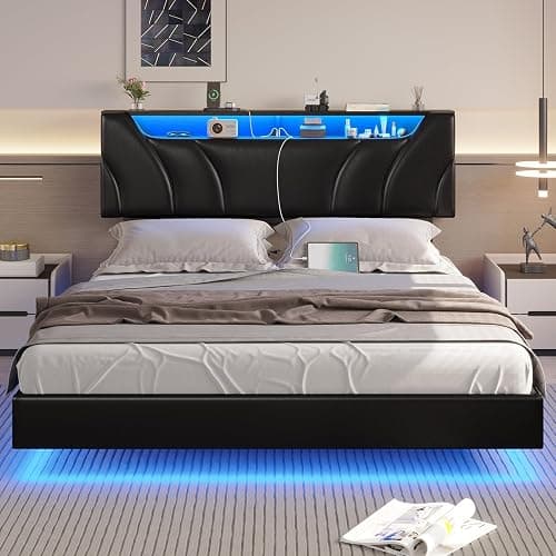 DICTAC Full Size Floating Bed Frame with led Lights & Storage Headboard Full Led Visual Floating Bed with Outlets Faux Leather Upholstered Platform Bed with Hidden Storage,No Box Spring Needed,Black thumbnail 3