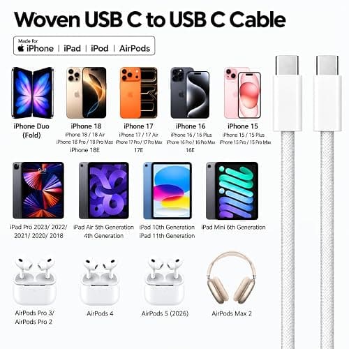 Airpods Pro 2nd/3rd Gen Charger, 20W USB-C Airpods 4/5 Charging Cord, USB C to usb c Woven Cable for AirPod Pro 3 (2025), Max 2 Wireless Earbuds, iPhone 18/17/17E/16/16E/15 Charging Cord Power Adapter thumbnail 3