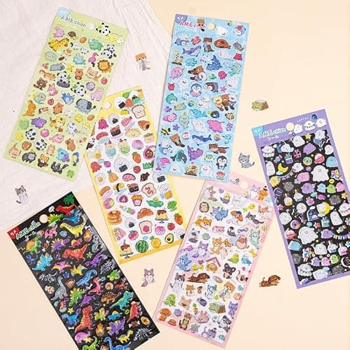3D Cute Puffy Stickers 6 Sheets Kawaii Tiny Stickers Animal Puff Sticker Cartoon Design Glitter Sticker for Kids Adults Scrapbooks Laptops Phone Cases Journal - Image 1