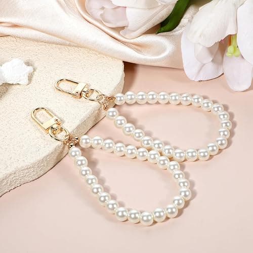 SynHHergyx 2 Pcs Pearl Keyring Lanyard Faux Pearl Keychain Straps Pearls Wristlet Key Chain Elegant Purse Lanyard thumbnail 4