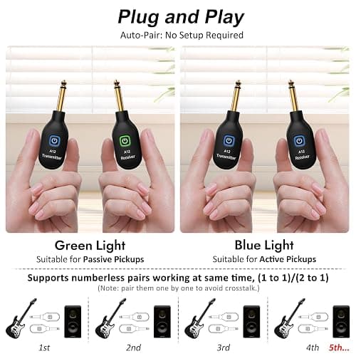 A12 Wireless Guitar Transmitter Receiver - 2.4GHz System, 24-bit 48KHz Audio, 100ft Range, No Latency, Rechargeable, Easy Pairing for Electric Guitar & Bass - Accessories (1TX+1RX) thumbnail 4