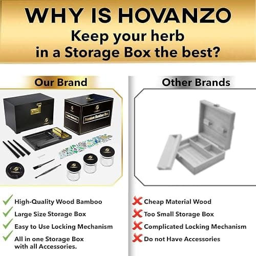 HOVANZO Premium Large Bamboo Storage Box with Removable Tray - Storage Wood Box for Herbs and Accessories - Storage Box Set with Combination Lock - Smell Proof Container with Accessories thumbnail 3
