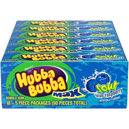HUBBA BUBBA Bubble Gum Blue Raspberry Sour Candy Chewing Gum Bulk, 18 Pack | Bulk candy gum multi-pack for sour candy fans; bubble gum packs for home, office, school, backpack, travel snack - Image 1