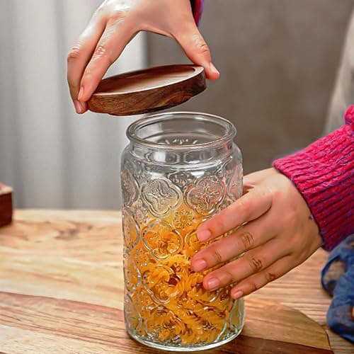 34 OZ/2 PCS Glass Storage Jar with Airtight Bamboo Wooden Lids, Vintage Food Containers Canisters Sets for Kitchen Counter Pantry, Sugar, Flour, Candy, Tea, Coffee Beans, Oats, Grain Bin, Pasta, thumbnail 6