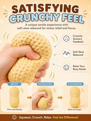 Peanut Squishy Crunchy, Fidget Toy for Stress Relief, Realistic Food Shaped Decompression Squeeze Ball, Soft Slow Rebound Sensory Gift for Office Adults Anxiety, 1 Count thumbnail 3