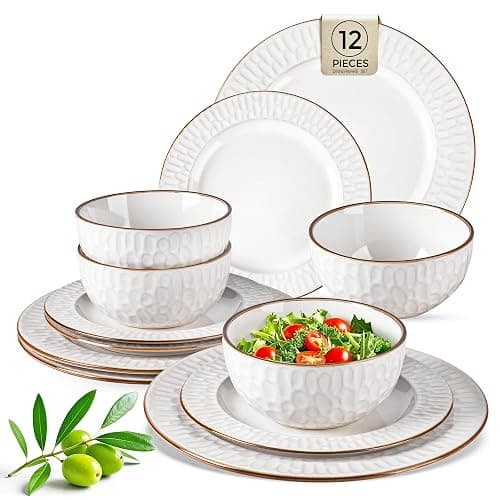 GBHOME Ceramic Dinnerware Sets,12 pcs Embossed Elegant Stoneware Plates and Bowls Sets, Housewarming Wedding Gift | Dishwasher & Microwave Safe | Dishes Set Service for 6 - Image 1