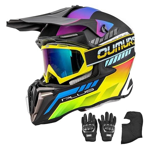 OUMURS Adult ATV Dirt Bike Helmet with Goggles Gloves & Mask Quick Release Buckle Adjustable Sun Visor Motorcycle Adult Helmet Off-Road Motocross Downhill Moped MX for Unisex-Adult - Mutiple Black - X-Large