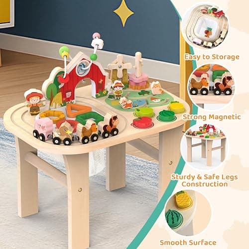Weilim Montessori Activity Table for 1 Year Old, Wooden Farm Toddler Toy | Busy Activity Center with Bead Maze, Shape Sorter, Train Track & Spinning Gears—Sensory Play That Grows Fine Motor Skills thumbnail 6
