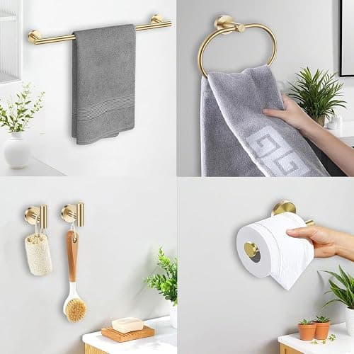 Brushed Gold Bathroom Accessories Set, 7 Pieces Gold Towel Bar Bathroom Hardware Set, 31.5 Inch Towel Racks for Bathroom, SUS304 Stainless Steel Bathroom Towel Holder Toilet Paper Holder Wall Mounted thumbnail 6