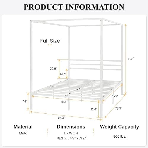 SHA CERLIN Canopy Bed Frame Full Size/Mattress Foundation with Metal Slats Support/No Box Spring Needed/Easy Assembly/White thumbnail 2