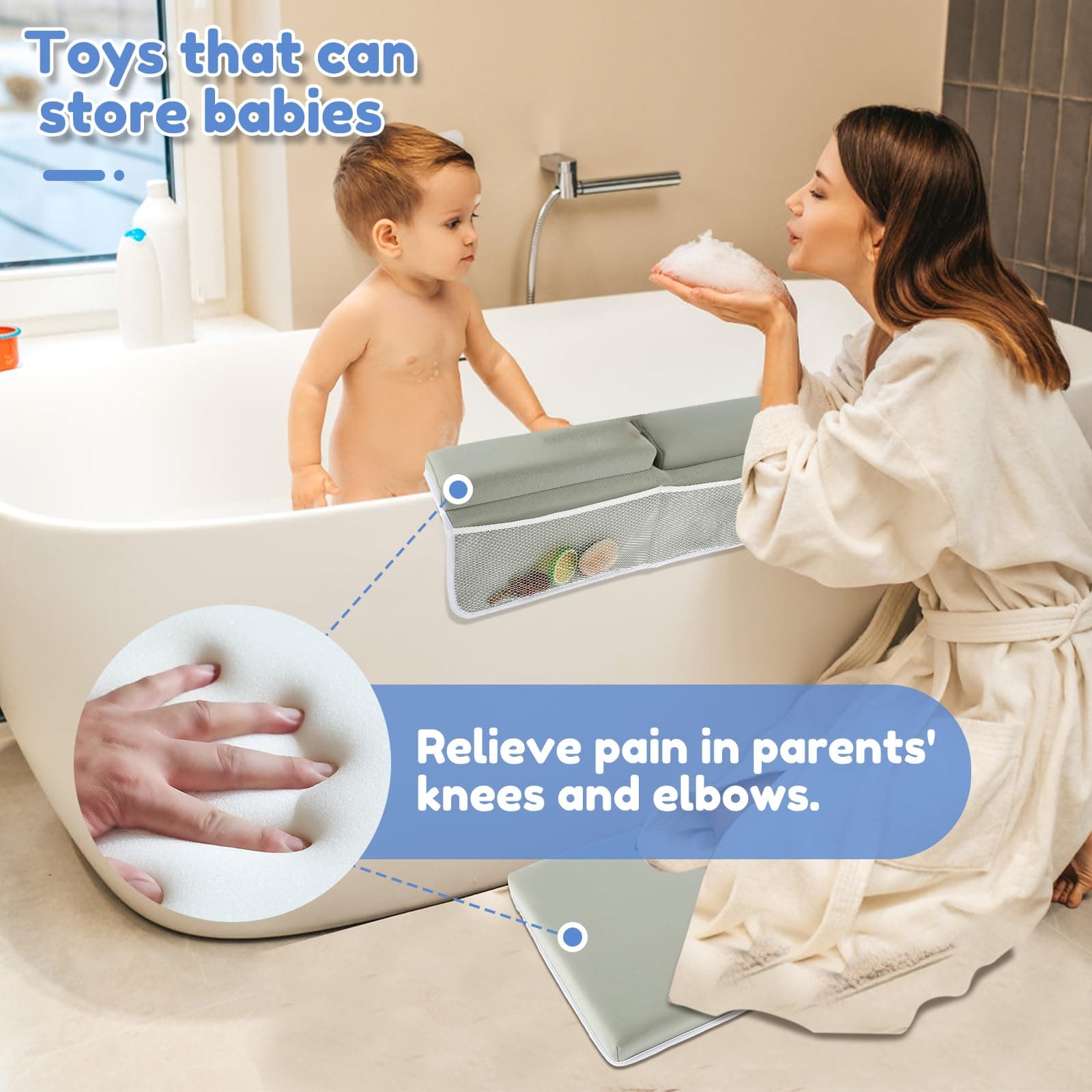 Baby Bath Kneeler and Elbow Rest Pad Set, Bath Kneeling Pad, Anti-Slip Baby Bath Support Mat with 4 Organizer Pockets, Foam Kneeling Bath Pad, Washable Bath Tub Elbow Pad for Toddler Bathroom thumbnail 3