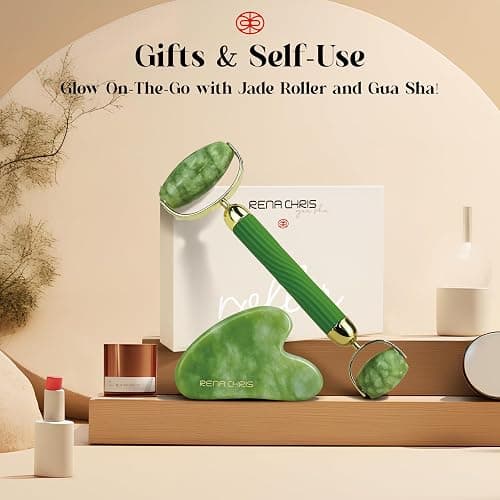 Rena Chris Gua Sha and Face Roller Set: Anti-Breakage Jade Roller for Long-Lasting Use, Jawline Sculpting and Puffiness Reducing, Gua Sha Facial Tools for Self Care Gift (Green) thumbnail 6