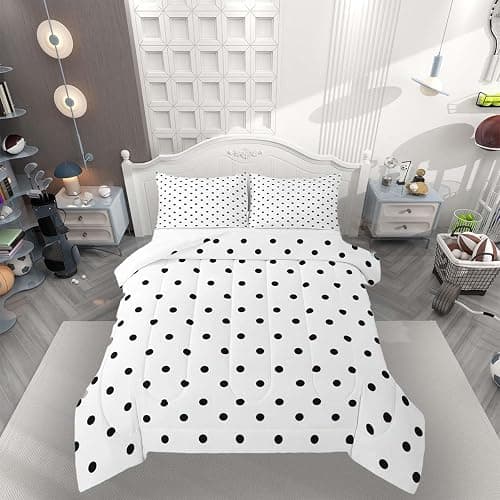 jejeloiu Polka Dots Bedding Set for Boys Girls, Black Geometric Circles Comforter Set Queen Size Simple Modern Duvet Quilt Microfiber Cartoon French Style Bedroom Decor 3 Pcs with 2 Pillow Cases - Image 1