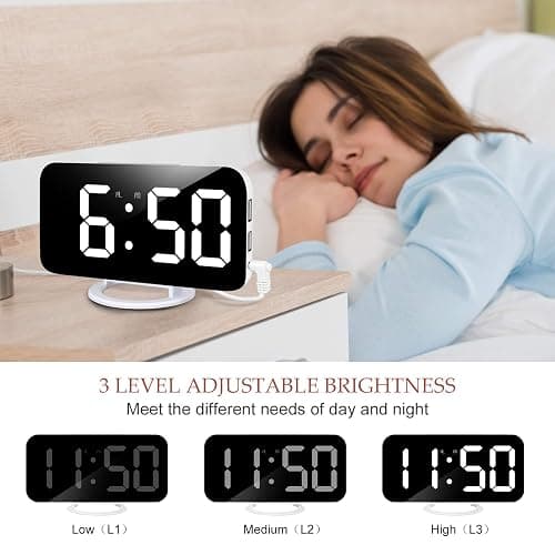 Lamisola White Digital Alarm Clock for Bedrooms, Large LED Mirror Despertador Digital Clocks, Nightstand Bedside Desk Table Clocks for Bedroom Office Living Room, USB Powered thumbnail 4