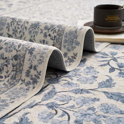 jinchan 8x10 Washable Living Room Area Rug, Vintage Floral, Blue/Cream | Soft Non-Slip Low-Pile, Botanical Aesthetic Throw Carpet for Bedroom Dining Room Nursery thumbnail 9