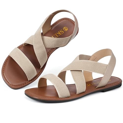 SKETOE Wide Width Elastic Flat Sandals Open Toe Women Sandals Dressy Work Sandals - Image 1