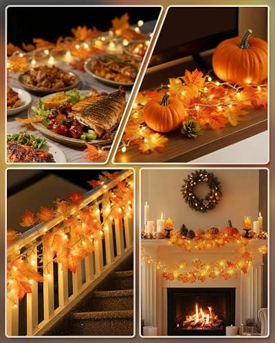 Luditek Fall Decor 3-Pack Fall Leaf Garland with Lights, Total 24.6ft 60 LED Halloween String Lights, Thanksgiving Decorations for Home Holiday Autumn Indoor Friendsgiving Gift thumbnail 5