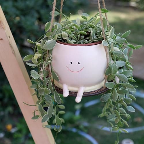 UMESONG Hanging Swing Chair Planter Pot Smiley Face Planter for Indoor Outdoor Plant Cute Head Resin Flower Pots for String of Pearls Plant Live Unique Gift IdeaI for Mother Day, Christmas (Large) thumbnail 4