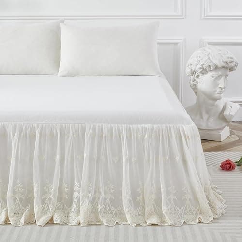 Brandream Luxury Ivory White Lace Bed Skirt Queen Size Split Corners Romantic Vintage Girls Bed Cover Dust Ruffle Bed Skirts 18 Inch Drop thumbnail 2