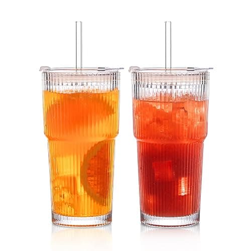 INSETLAN 20 oz Ribbed Glass Tumblers with Lids and Glass Straws – 2-Piece Glassware Set, Heavy-Duty Tumblers, Ideal for Iced Coffee, Smoothies, Cocktails, and Juices – Elegant and Durable Drinkware - Image 1