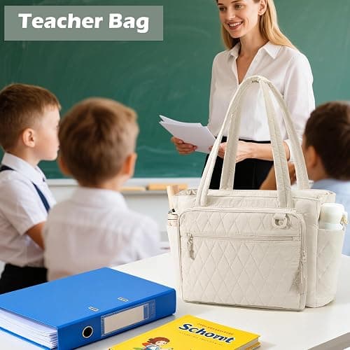 Yarwo Lightweight Teacher Tote Bag for Women, 15.6 inch Laptop Work Bag with Accordion File Pocket & Cup Holder thumbnail 3