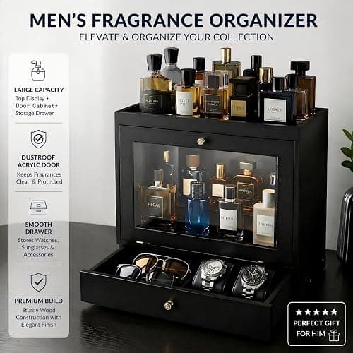 Vellabliss Cologne Organizer for Men, Large Capacity Solid Wood Perfume Organizer with Dustproof Acrylic Door and Drawer Storage, Display Cologne Stand for Dresser, Ideal Gift for Men thumbnail 5