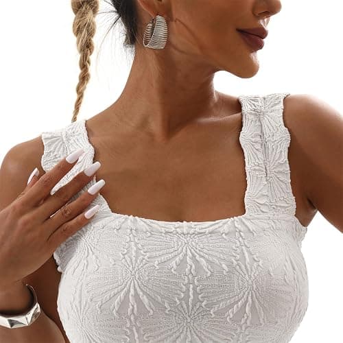 Women's Square Neck Seamless Wide Strap Crop Tank Tops,Slim Fit Flower Lettuce Trim Crop Cami Tops, Love Letter Cami - Small - Ivory thumbnail 4