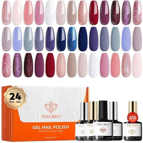 Modelones 24 Pcs Gel Nail Polish Kit 20 Colors Nude Gel Polish Set White Glitter Pink Navy Blue with Glitter Glossy&Matte Top Base Coat, Nails Art Starter Manicure Home DIY Gifts - Image 1