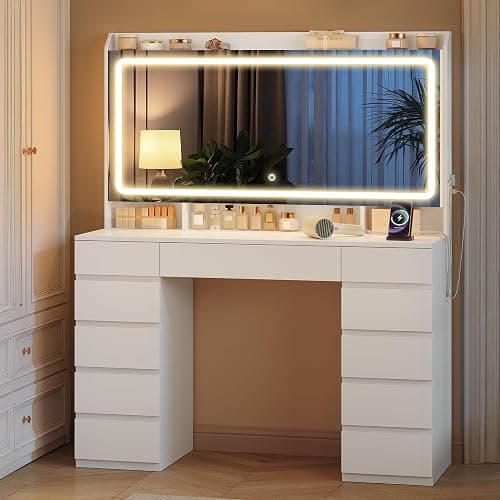Hzuaneri Dressing Table, Vanity Desk with Power Strip, Vanity Table with Mirror and Lights, Adjustable Brightness, Makeup Desk with 11 Drawers, 3 Storage Compartments for Bedroom White DT43003XUK thumbnail 3