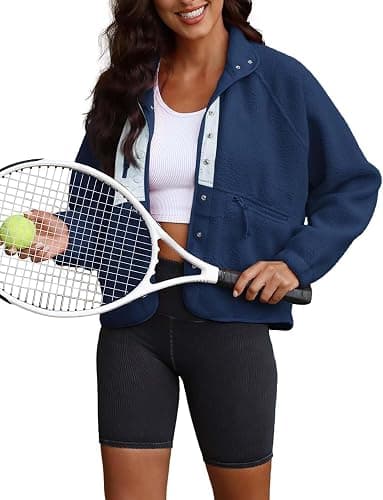 ReachMe Womens Sherpa Jacket Casual Lapel Button Down Cropped Fuzzy Fleece Jackets Long Sleeve Winter Coats with Pockets thumbnail 2