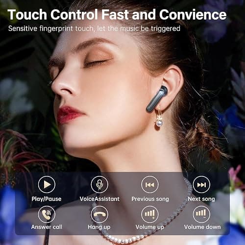 Fhumsh Wireless Earbuds, Bluetooth 5.3 Headphones HiFi Stereo 50H Playback LED Digital Display Ear Buds with ENC Noise Canceling Headset, IPX7 Waterproof Earphones for Gym/Running/Work (Black) thumbnail 6