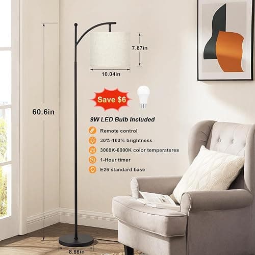 Ambimall 60" Floor Lamp with Remote Control and Stepless Dimmable Bulb, Colors Temperature & Brightness Adjustable, Modern Floor Lamps for Living Room（Beige Shade & Black Pole） thumbnail 2