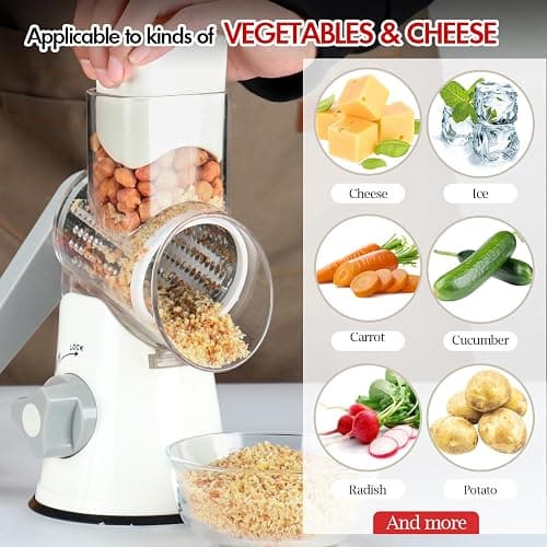 Ourokhome Rotary Cheese Grater Hand Crank, Kitchen Shredder Speed Mandolin Slicer Ice Shaver with Handle and Drum Blades for Cheese, Vegetable, Nuts, Chocolate, Potato, Carrot, 5 Blades, White thumbnail 9