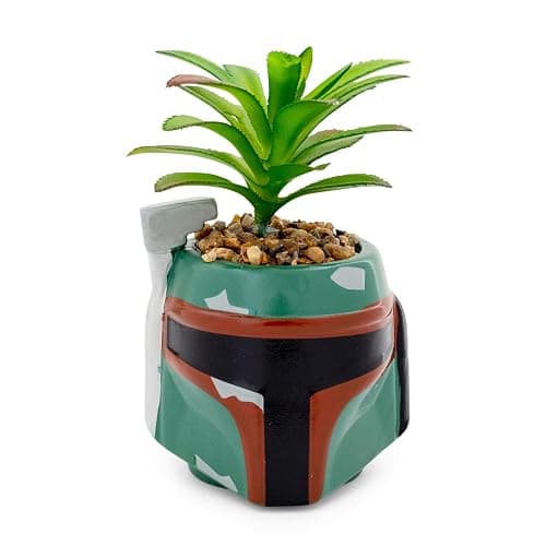 Star Wars Boba Fett Helmet 3-Inch Ceramic Planter with Artificial Succulent | Small Flower Pot, Faux Indoor Plant for Desk Shelf, Trinket Tray | Cute Home Decor Gifts and Collectibles - Image 1