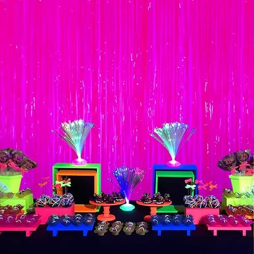 Mega-L Glow in The Dark Party Supplies, 2 Pack Neon Party Decorations 3.3 x 6.6 ft Fluorescent Macaron Fuchsia Tinsel Foil Fringe Curtains, Photo Booth Prop Backdrop Streamer, Birthday Party Decor thumbnail 9