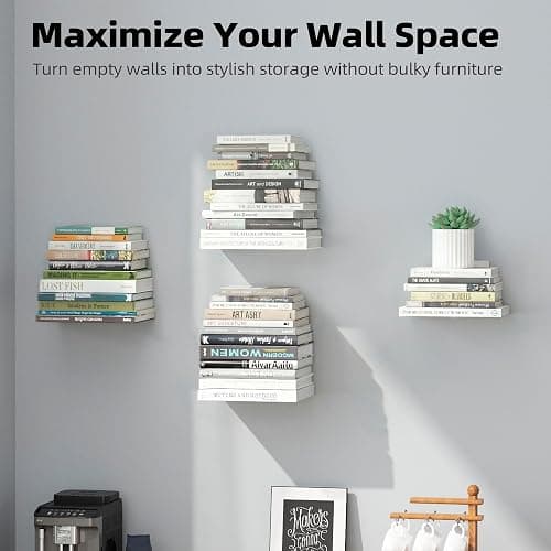 STORAGE MANIAC Floating Book Shelves for Wall Mounted Invisible Floating Bookshelves Heavy-Duty Steel Hidden Bookshelf Hanging Bookshelves for Bedroom Living Room Office, White 4-Pack Large thumbnail 8