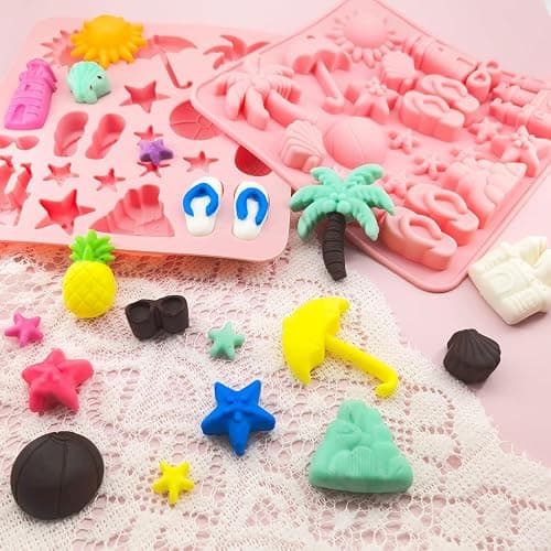 2Pcs Summer Beach Theme Silicone Molds for Chocolate, Coconut Tree Starfish Shells Beacon Pineapple Shape Candy Chocolate Mold for Tropical Summer Party Marine Jello Cookie Ice Cube Baking Mould thumbnail 7