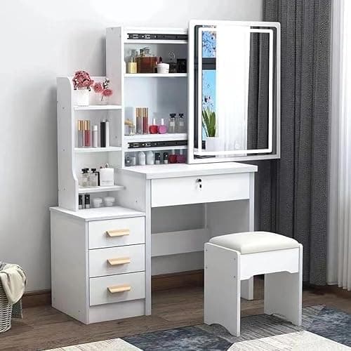 Dressing Table with LED Lights, Vanity Table with Mirror, Makeup Vanity with 4 Open Shelves & 3 Hidden Shelves, 4 Drawers, Stool, Modern Makeup Desk with Sliding Mirror and Lights, White (With LED) - Image 1