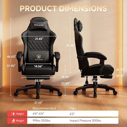GTPLAYER Gaming Chair, High Back Leather Computer Game Chair with Footrest, Ergonomic Height Adjustable Office Chair with Removable Cover and Lumbar Support for Gaming and Work (Black) thumbnail 2