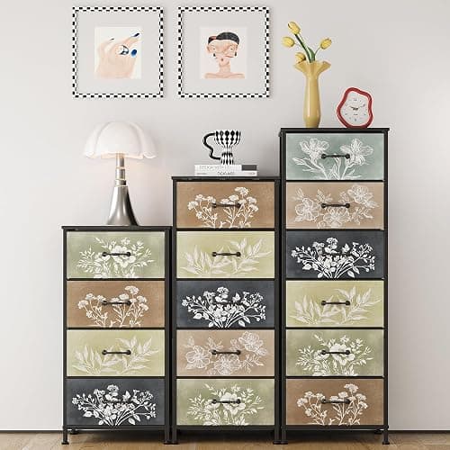 Tohomeor Vintage Dresser Vertical Nightstand with Neutral Botanical Plant Fabric Chest Drawers for Closet Bathroom Storage Tower Unit Bed Side Organizer Farmhouse Rustic (Multi, 6 Drawers) thumbnail 3