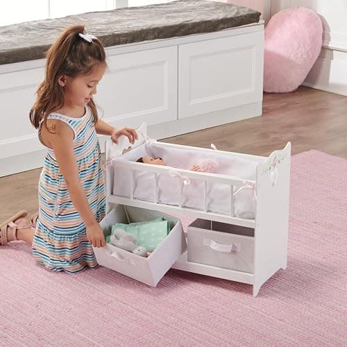Badger Basket Wooden Doll Bed with Storage Baskets & Pillows - White/Rose | Fits 18–20" dolls; includes bedding, 2 storage baskets, wood construction & personalization decal kit. thumbnail 2