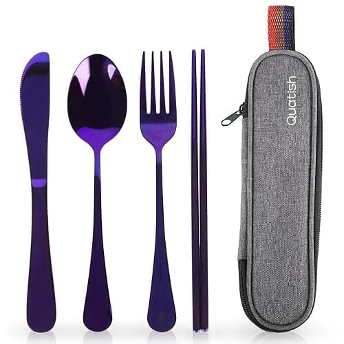 Travel Utensils with Case, Quatish Portable Silverware Set for Work, Stainless Steel Reusable Travel Cutlery Set, Fork and Spoon Set for Camping, EDC Gadgets, Lunch Box for Men, Purple - Image 1
