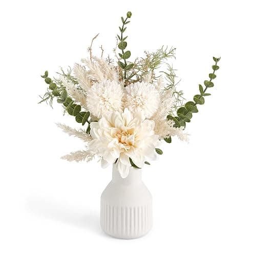 Mkono Artificial Flowers in Ceramic Vase Fake Plants for Home Decor Silk Flower Arrangements Indoor Dining Coffee Table Decor for Living Room Wedding Party Decoration | Table Decor with vase, Small Silk Faux Artificial Flower Arrangements, Fits Bathroom Dining Room Kitchen Home Indoor Decor - Image 1