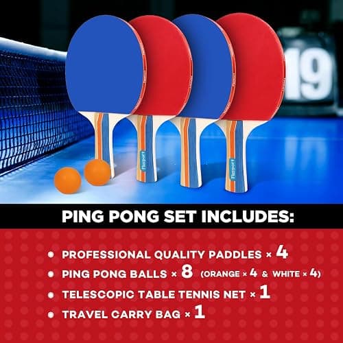 FBSPORT Ping Pong Paddle Set, Portable Table Tennis Set with Retractable Net, 4 Rackets, 8 Balls and Carry Bag for Adult Indoor/Outdoor Games thumbnail 3