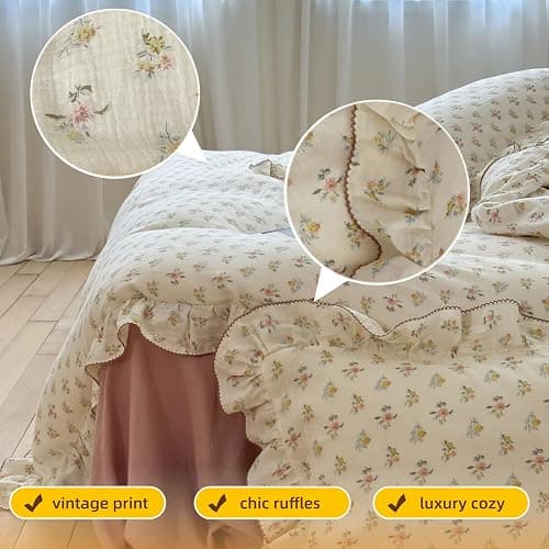 BuLuTu 100% Cotton Muslin Duvet Cover Twin for Kids Girls Boys, Shabby Chic Azalea Floral Duvet Covers Vintage Farmhouse Comforter/Quilt Cover with Ruffles, 68"x86", Zipper Closure, No Pillow thumbnail 3