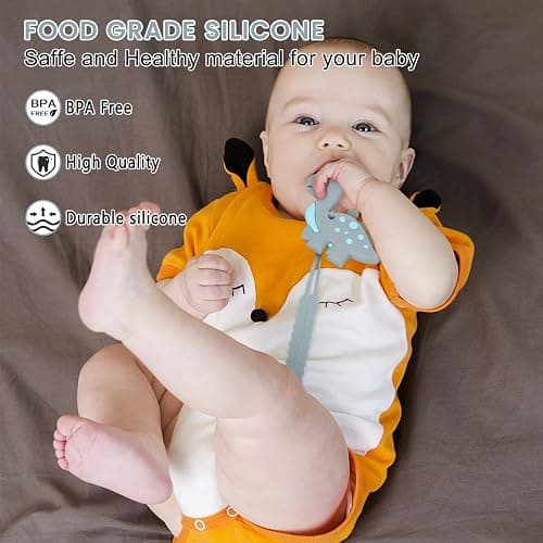 Teething Toys for Babies, Baby Teethers with Clip Silicone Baby Teether Toys for Boys and Girls Infant Teething Relief for Teething Dinosaur Shape, Gray thumbnail 3