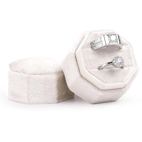 Velvet Ring Box, Etercycle Octagon Gorgeous Vintage Double Jewelry Ring Gift Box with Detachable Lid for Proposal Engagement Wedding Ceremony (Beige) - Image 1